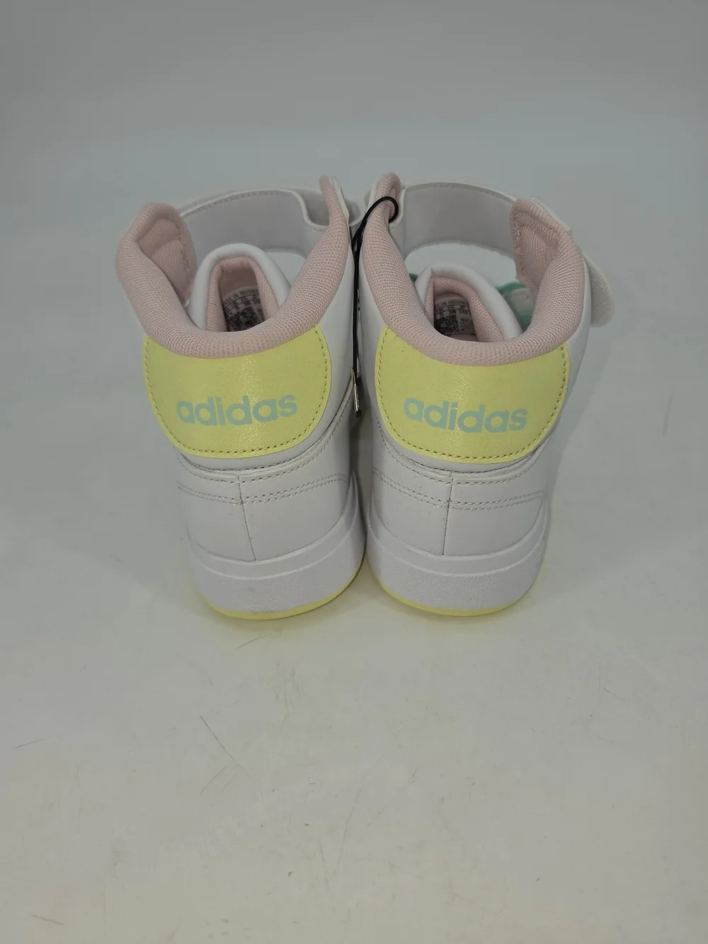 Adidas High-Top Sneakers in White with Pink Stripes and Mint Laces Y 5.5 W 7.5
